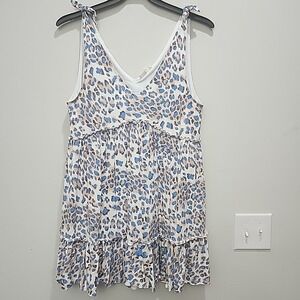 Entro Leopard Print Ruffle Mini‎ Dress L Tie Shoulder Flowy Bohemian Style